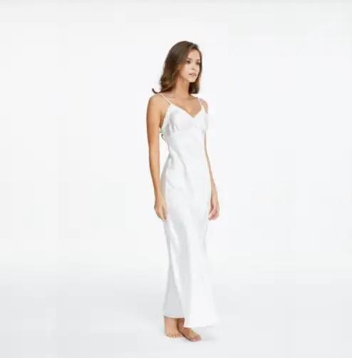 Robes de nuit en dentelle, col en v, blanc, cheville haute, bretelles Spaghetti, longues vêtements de nuit pour femmes, SLA501W