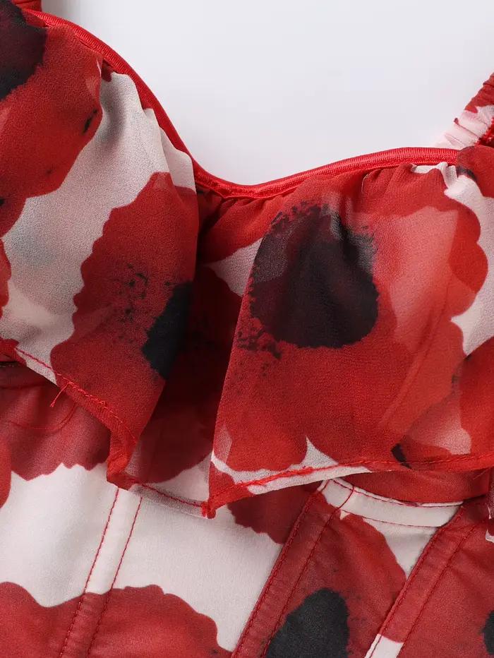 Corset floral rouge pour femme, décolleté cœur, manches à volants, dos lacé, style bustier gothique vintage, serre-taille, tenue de soirée