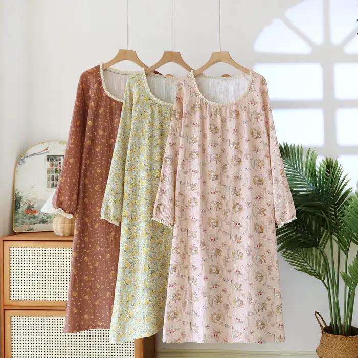 Chemise de nuit de saison douce à manches longues pour femmes, chemise de nuit en coton, vêtements de maison, grande taille, design fin, petit et frais