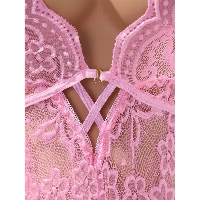 Lingerie délicate rose avec jupe ourlet boucle avant soutien-gorge et culotte ensemble sans entrejambe femmes Drees licou-cou dos nu sous-vêtements Sexy
