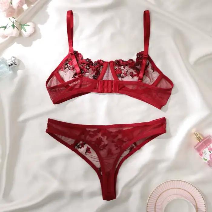 Vin rouge Transparent Lingerie broderie fleur deux pièces femme Push Up ventiler sous-vêtements string Sexy soutien-gorge ensemble Costume érotique