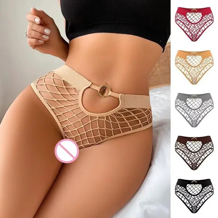 Nouveau Style maille Sexy femmes culottes couleur unie taille mi haute résille Lingerie dames évider Transparent élasticité slips