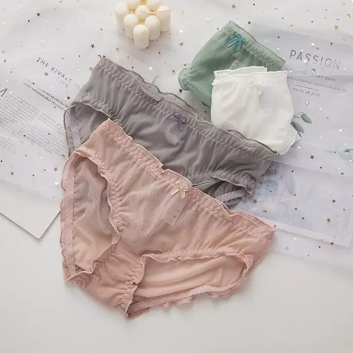 Sous-vêtements en maille et dentelle pour filles, culottes sans couture pour femmes, Lingerie transparente, nœud, Lingerie pour femmes mûres