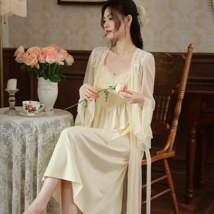 Chemise de nuit Vintage en dentelle féerique avec Robe, ensemble 2 pièces, vêtements de nuit princesse romantiques, Style français, Robe de nuit élégante pour femmes, mariée