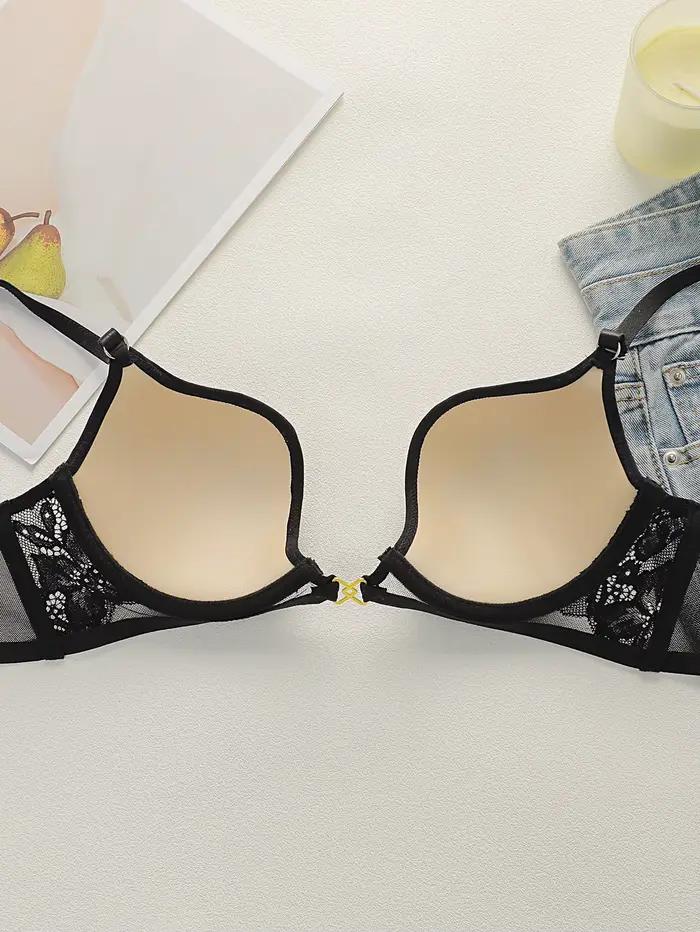 Soutien-gorge en dentelle française transparente à armatures pour femme, décolleté plongeant en V, orné de strass sur le devant, fines bretelles réglables, sexy et transparent, usage quotidien 3576