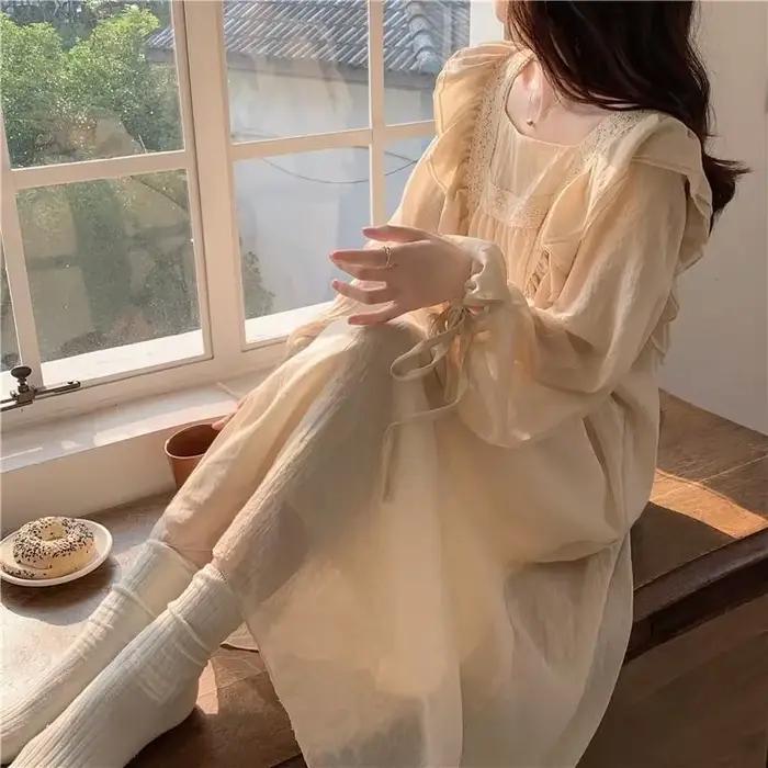 Robe de nuit blanche à manches longues pour femmes, élégante et confortable, vêtements de détente, grandes tailles, printemps et été