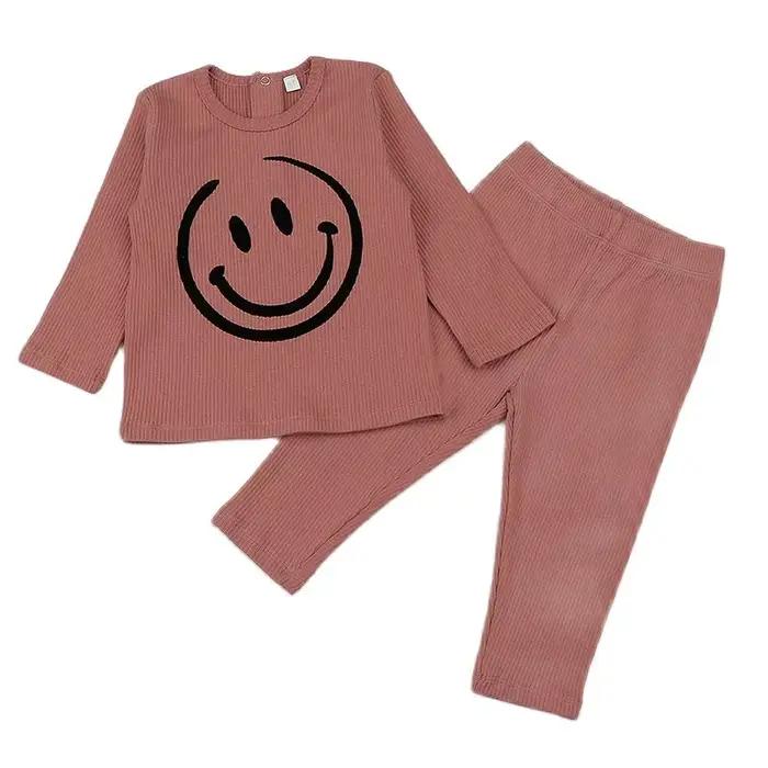 Pyjama 2 pièces pour enfant, ensemble haut et pantalon côtelés, vêtements pour garçon et fille, col rond, hiver