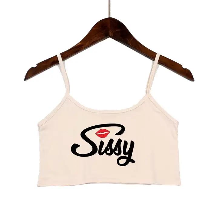 SISSY písmena červené rty potisk letní ženy krátký top Sexy elastická bavlna Camis bez rukávů krátké tílko Bar topy