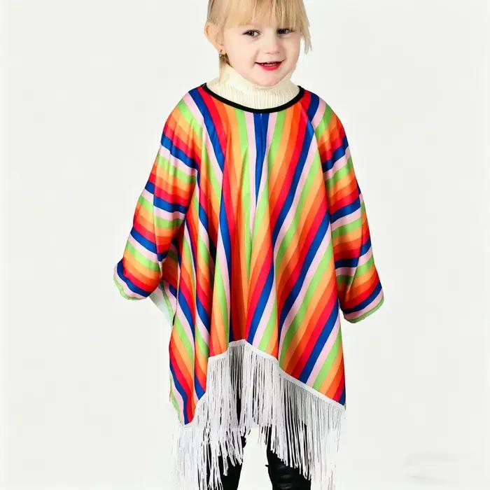 Poncho mexicain pour enfants, cape à rayures colorées avec franges, déguisement d'Halloween pour enfants, fête mexicaine, carnaval, cosplay
