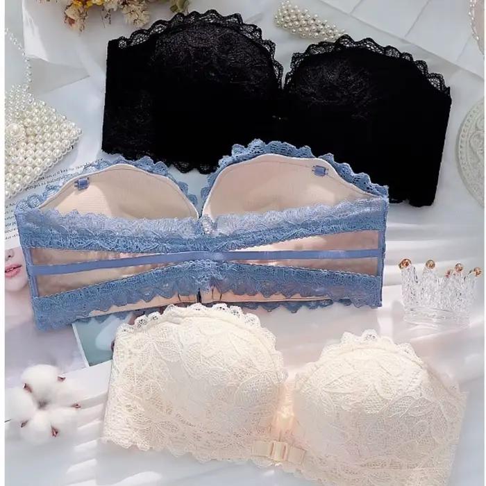 Soutien-gorge push-up sans armatures à boutons avant en V profond, anti-affaissement, en dentelle, pour femme
