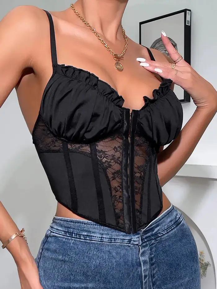 1 pièce de corset en tulle noir à volants en dentelle, nouveau style tendance et sexy, dos nu, coupe sirène, fines bretelles, maille ajourée