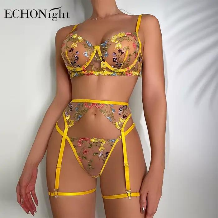 Echonight – Lingerie sensuelle en dentelle, sous-vêtements brodés transparents, jarretelles 3 pièces fantaisie, beaux kits de soins de la peau courts, intimes