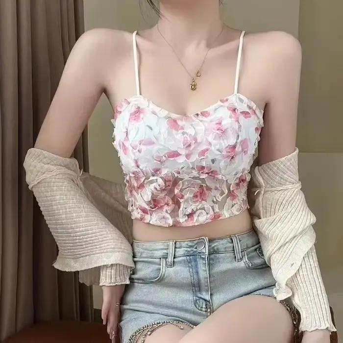 Crop top en dentelle pour femme, motif floral rose, soutien-gorge tube en maille, soutien-gorge dos nu, caraco sans couture avec coussinets de poitrine, débardeur sexy, lingerie douce