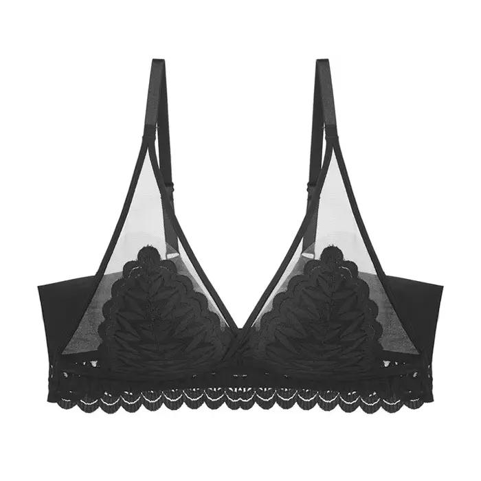 Ensemble de soutien-gorge triangle en dentelle style français pour femme, sans armatures, léger, push-up, avec soutien latéral et bretelles lisses