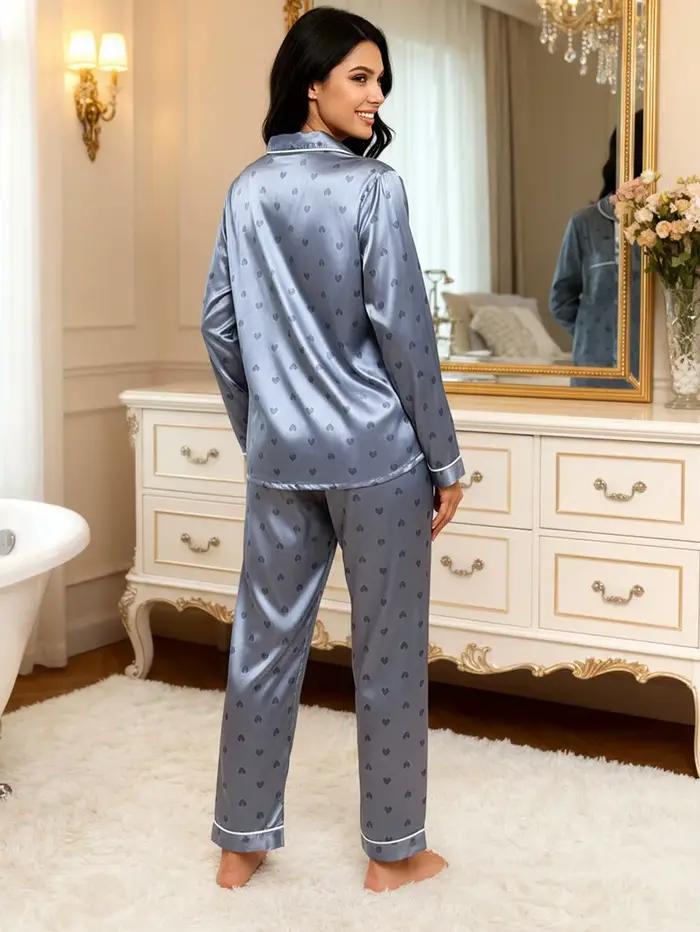 Femmes Pyjamas Satin-like coeur imprimé à manches longues et pantalons pyjama ensemble revers cou vêtements de nuit Pyjamas pour femmes Pijamas pantalons ensembles