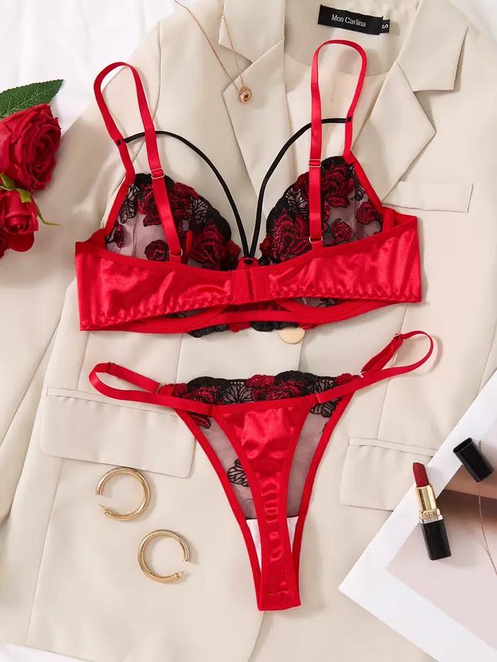 Ensemble de lingerie rouge sexy, comprenant un soutien-gorge et des culottes à motifs marguerites, ainsi qu'un ensemble confortable style maison ZA825127