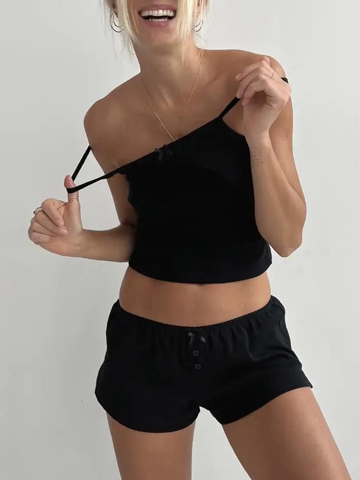 Y2k Ensemble pyjama 2 pièces pour femme avec bordure en dentelle sans manches, haut caraco court et short, ensemble de salon d'été, vêtements de nuit