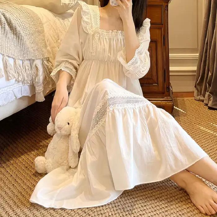 Chemise de nuit brodée vintage à manches longues pour femmes, chemise de nuit confortable, coton doux élégant, nouveau