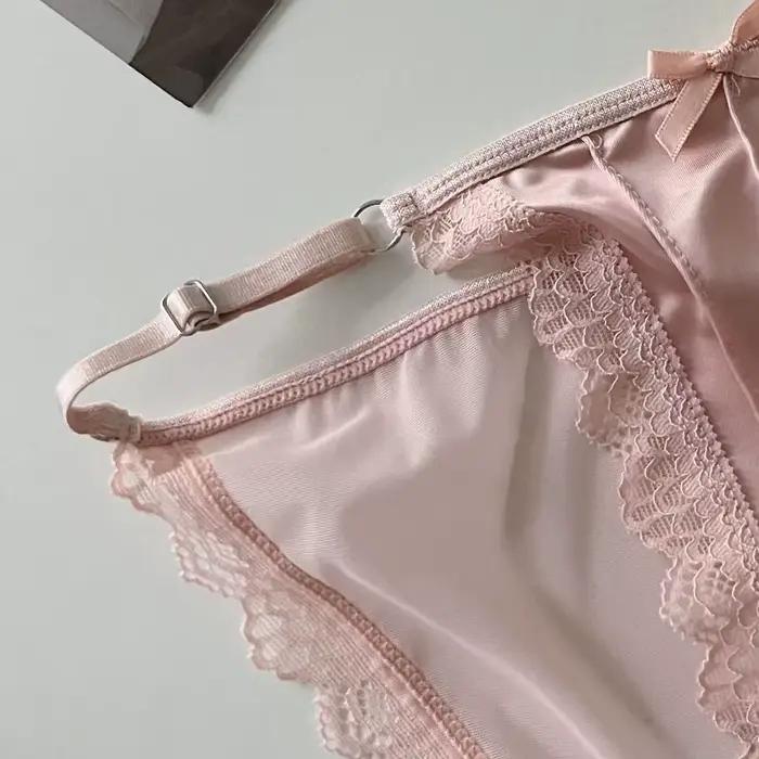 Culottes pour femmes, couleur unie, respirantes, sous-vêtements fins, dentelle française sexy avec nœud, ceinture réglable, culottes fines en maille