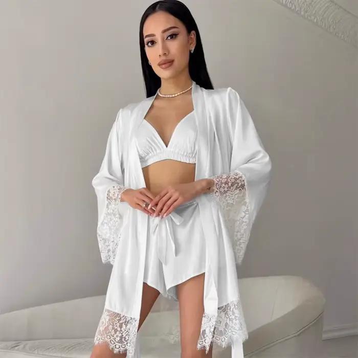 Femmes Sexy Robe de nuit Robe col en v Satin dentelle peignoir demi manches chemise de nuit femme français Sexy soyeux Satin vêtements de nuit
