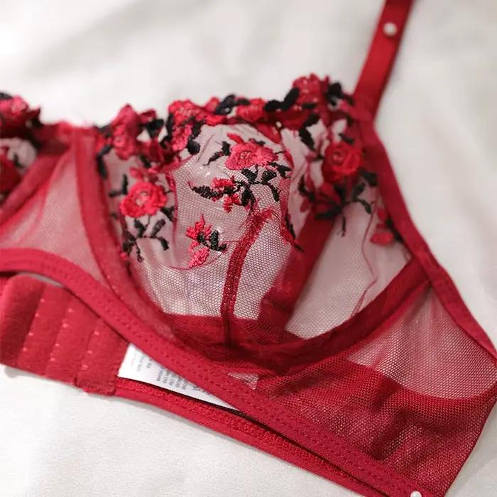Vin rouge Transparent Lingerie broderie fleur deux pièces femme Push Up ventiler sous-vêtements string Sexy soutien-gorge ensemble Costume érotique