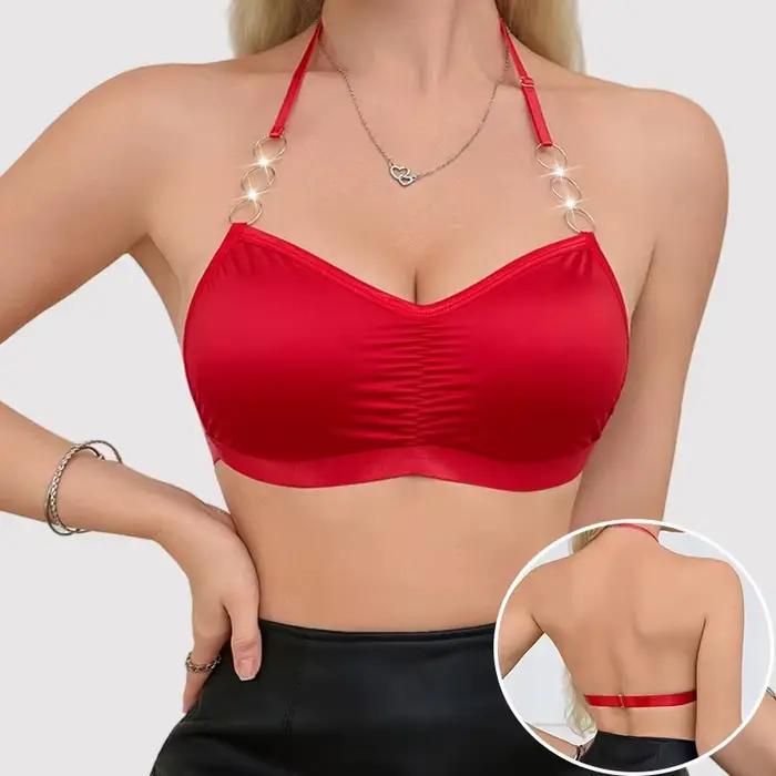 1 pièce Bralette rouge pour femme avec anneaux métalliques, dos nu, style crop top, en satin froncé, pour soirée, boîte de nuit, tenue de club, sous-vêtement