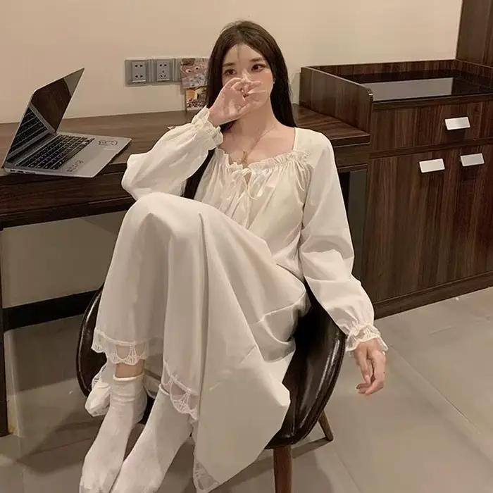 Chemises de nuit décontractées pour femmes, nouvelle robe de nuit à manches longues, grande taille, chemises de nuit blanches amples, pyjama pour femmes