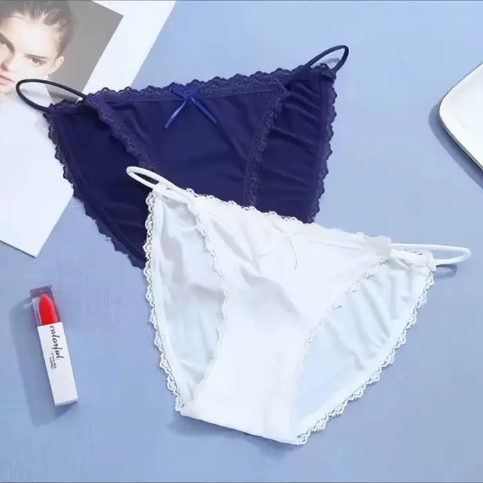 1PC Culotte brésilienne sexy pour femme en soie glacée, avec dentelle, couleur unie, sans couture, taille basse, M-XL