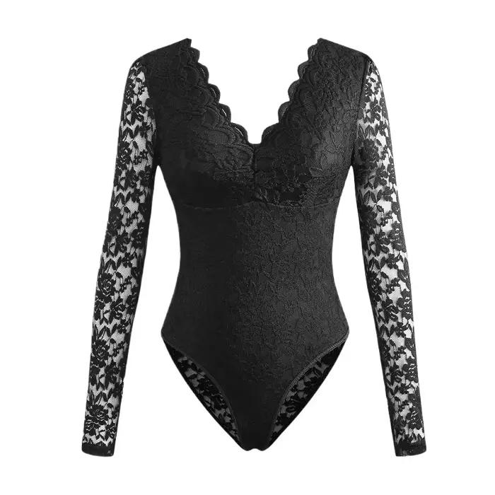 Combinaison sexy en dentelle pour femme 2026, couleur unie, manches longues, corset transparent, haut à volants, col en V, transparent, coupe ajustée, nouvelle collection automne