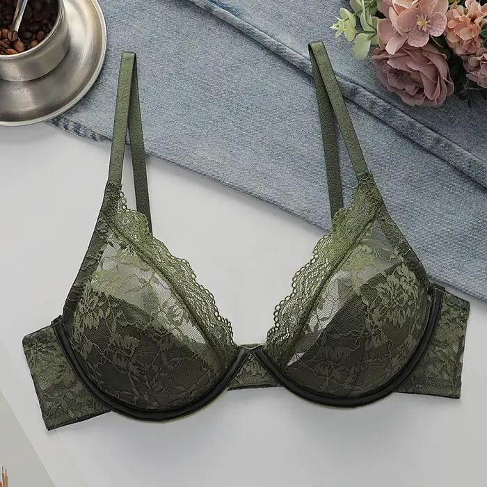 Soutien-gorge sexy en dentelle florale pour femme, avec armatures, décolleté plongeant en V, sans rembourrage, lingerie confortable, bretelles réglables, élégant, vert, pour tous les jours