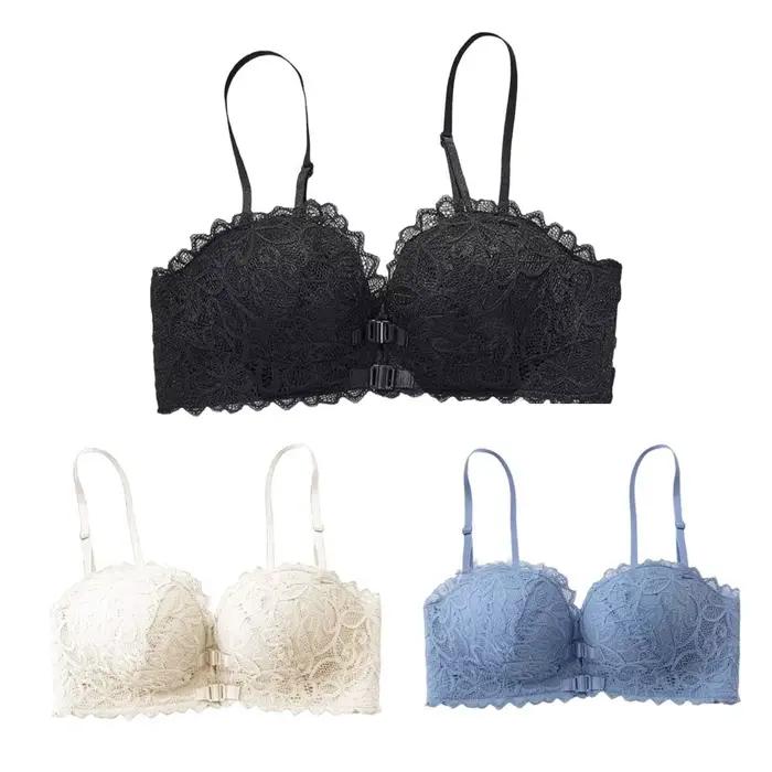 Soutien-gorge push-up sans armatures à boutons avant en V profond, anti-affaissement, en dentelle, pour femme