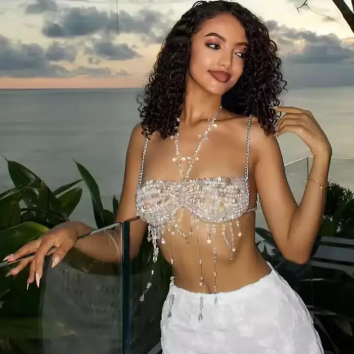 Soutien-gorge en cristal fait à la main, col licou, perles transparentes, franges superposées, harnais, Bralette, col perlé, vêtements de plage de mariée