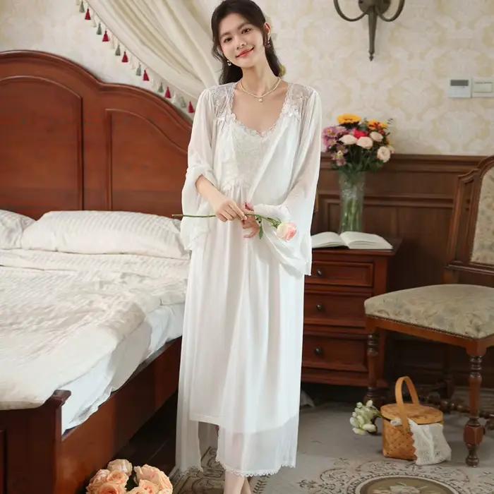 Chemise de nuit Vintage en dentelle féerique avec Robe, ensemble 2 pièces, vêtements de nuit princesse romantiques, Style français, Robe de nuit élégante pour femmes, mariée
