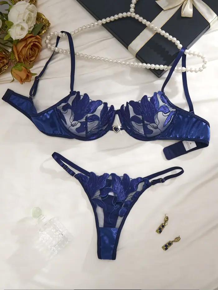 Ensemble de lingerie brodée Lys Bleu Style Luxe - Soutien-gorge en résille transparente - Lingerie féminine élégante rétro française ZA824031