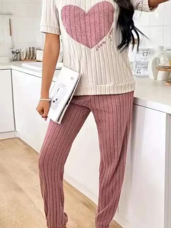 Ensemble pyjama deux pièces pour femmes, nouveau style, motif cœur, chemise à manches courtes, pantalon, simple et charmant, vêtements de maison décontractés