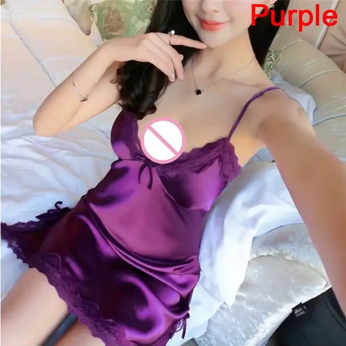 Robe de nuit sexy en satin pour femme, chemise de nuit à col en V, chemise de nuit en dentelle, vêtements de nuit pour femme