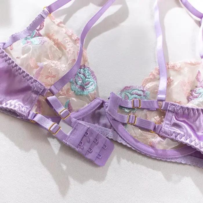 Lingerie sensuelle pour femmes, sous-vêtements fantaisie en soie florale, jarretelles transparentes, ensembles exotiques, produits intimes de luxe féeriques