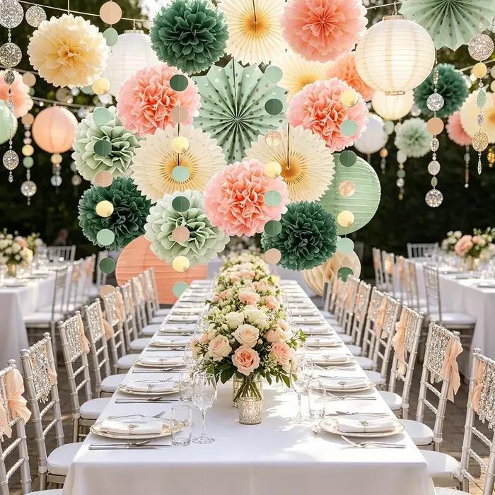 Décorations suspendues en papier vert sauge, lanternes et fleurs pompons pour mariage, fête, anniversaire, enterrement de vie de jeune fille, Saint-Valentin