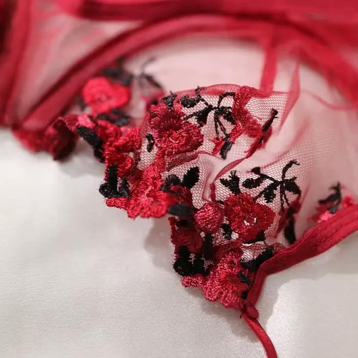 Vin rouge Transparent Lingerie broderie fleur deux pièces femme Push Up ventiler sous-vêtements string Sexy soutien-gorge ensemble Costume érotique