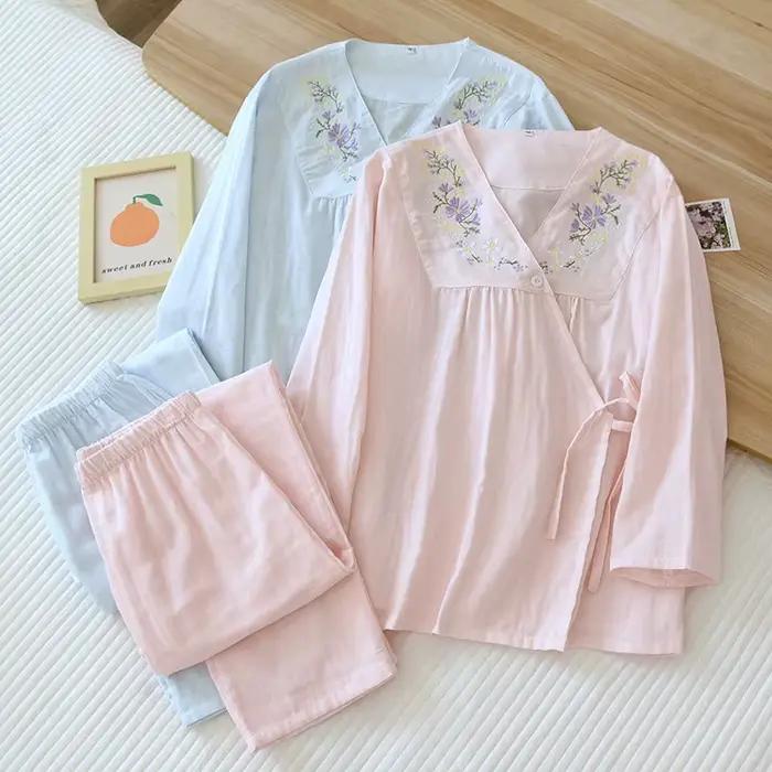 Pyjama en coton féminin col en V taille M L XL imprimé rose bleu pour femmes nuits chaudes printemps
