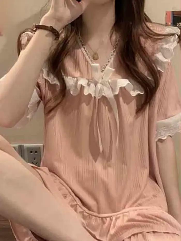 Pyjama ensembles femmes dentelle doux nœud princesse ample maison 5 couleurs mode tendre décontracté été Style japonais Vintage vêtements de nuit Chic