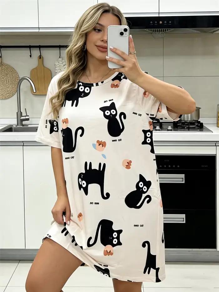 Chemise de nuit pour femmes, imprimé chat noir, ample, grande taille, robe courte d'été, chemise de nuit sexy pour femmes, vêtements de nuit pour filles