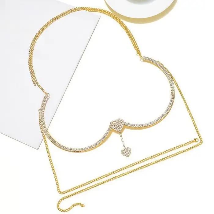Soutien-gorge de luxe en forme de cœur, Support de poitrine, chaîne de corps, pompon floral, chaîne de poitrine, bijoux en strass, chaîne de poitrine, robe coupe basse
