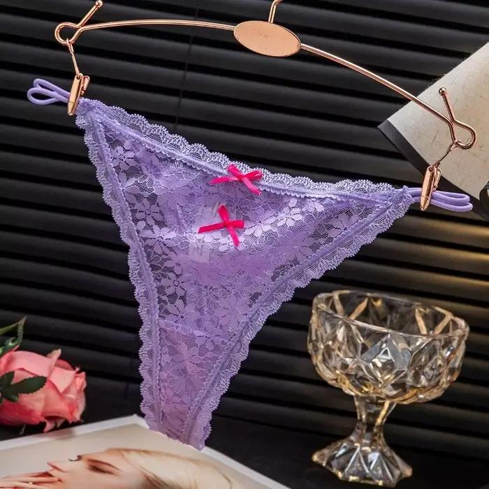 Culotte string transparente en dentelle pour femme, style doux, ajourée, sans couture, en maille fine avec nœud en dentelle, pour usage quotidien