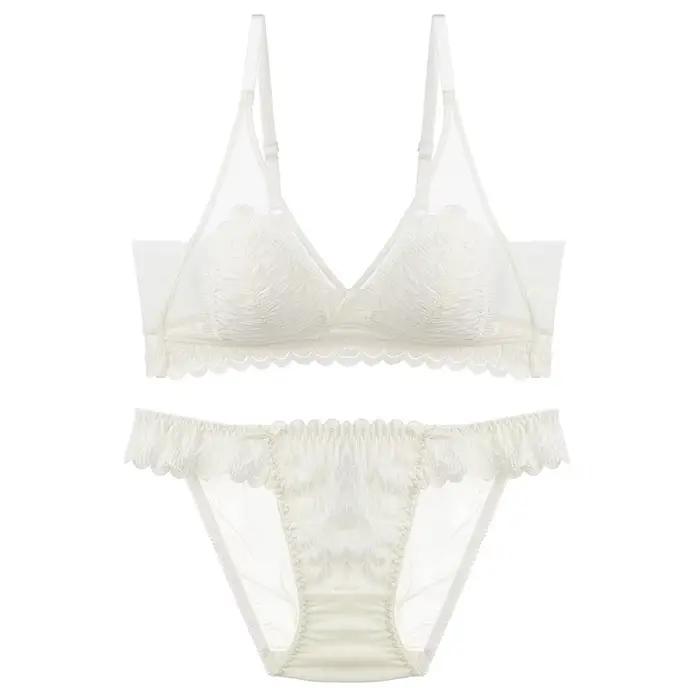 Ensemble de soutien-gorge triangle en dentelle style français pour femme, sans armatures, léger, push-up, avec soutien latéral et bretelles lisses