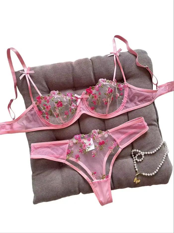 Ensemble de lingerie féminine sexy brodée florale pour femmes occasions spéciales nocturnes sous-vêtements tricotés polyester élasthanne