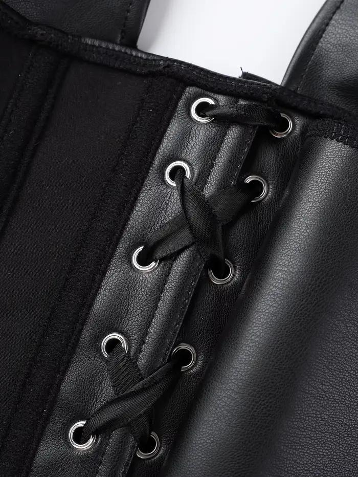 Corset en similicuir style col punk pour femme avec plusieurs bretelles et ceinture élastique à baleines pour sculpter la silhouette. Haut moulant.