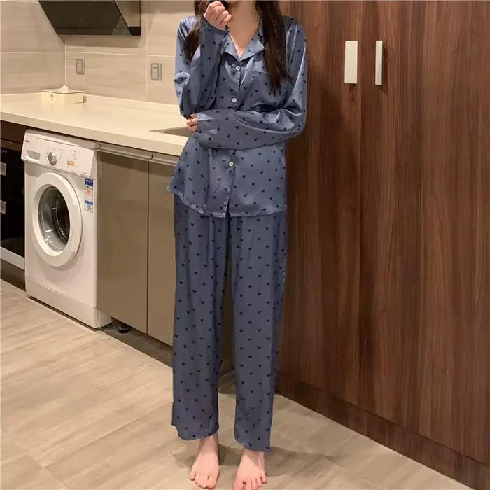 Pyjama à manches longues pour femme, vêtement de maison en soie glacée, nouvelle collection printemps et automne été