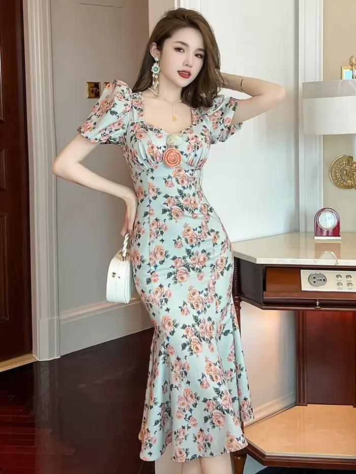 Robe longue de Style français rétro pour femmes, imprimé Rose, fleurs élastiques, manches à bulles,