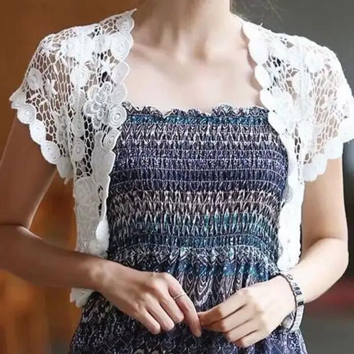 Femmes manches courtes Crochet haussements d'épaules évider fleur dentelle ouvert devant recadrée Ca